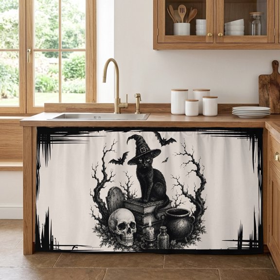 Halloween Cabinet Curtains for Kitchen 28"Wx51"L, Witch Hat Cat Goth Skull Dark Academia Mystical Study Under Sink Skirt Magic Tape Short Curtain Decor Privacy Panel for Pantry Cabinet Opening