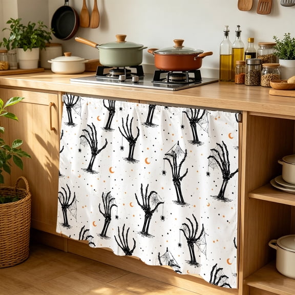 Halloween Cabinet Curtains for Kitchen 35"W x 35"L, Creepy Minimalist Skeletons Zombie Hands Cobweb Moon Laundry Sink Cabinets Magic Tape Short Curtain Privacy Panel for Bathroom Vanity Cabinets