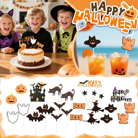 Halloween Cake Decorations Set - Pumpkin, Bat, Witch, Ghost, Castle Themed Party Supplies for Cupcakes, Desserts, and Holiday Party Scenes (2 Count)