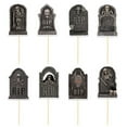 thumbnail image 1 of Halloween Cake Decorations, Tombstone Cake Inserts, 8-Piece Spooky Halloween Cupcake Toppers with Skeleton and Skull Designs, Dark Gray Paper Material, Easy-To-Use Wooden Picks, 5.2x3.5cm, 1 of 6