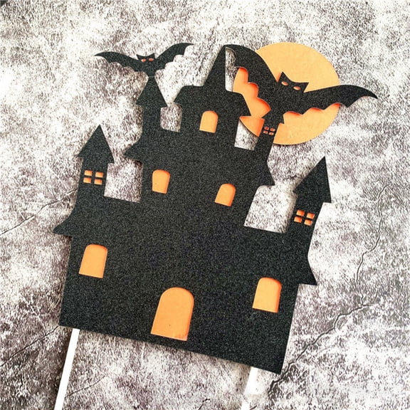 Halloween Cake Toppers, 2PCS Glitter Ghost Bat Pumpkin Haunted House Cupcake Picks, Spooky Party Decorations,C