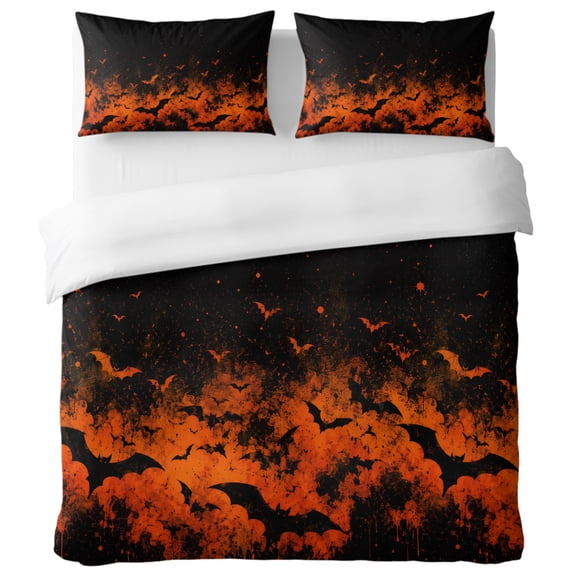 Halloween California King Duvet Cover Set, Spooky Red Night Fire Clouds Darkness Black Bats Decorative 3 Piece Bedding Set with Zipper Closure Soft Breathable Comforter Cover & 2 Pillowcases