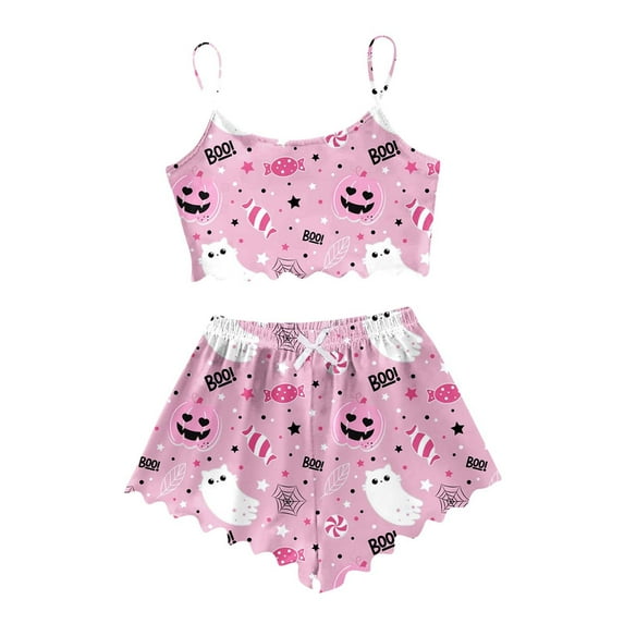 Halloween Camisole Top And Shorts Pumpkin Ghost Print Womens Sleepwear,Pink,XL