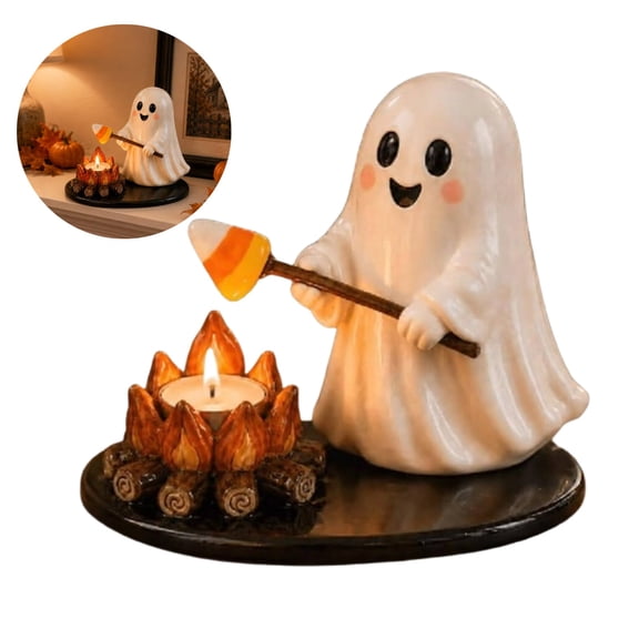 Halloween Campfire Tealight Holder, Ceramic Ghost Candy Corn Roasting Candle Holder, Cozy Glow Campfire Base Tea Light Stand for Halloween Tabletop Fireplace Decor