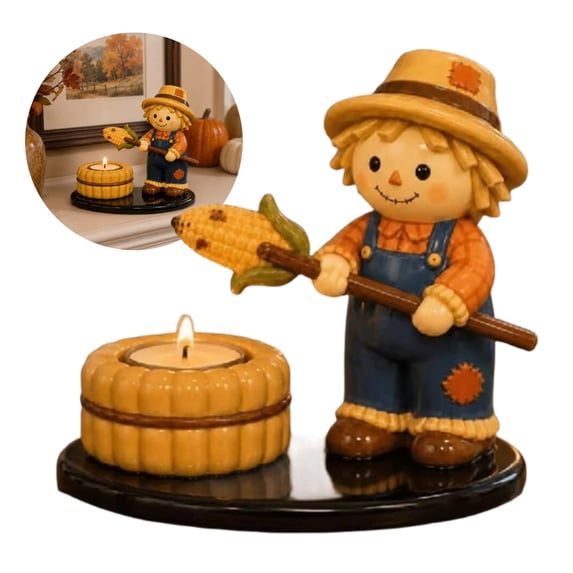 Halloween Campfire Tealight Holder, Ceramic Scarecrow Corn Roasting Candle Holder with Pumpkin Base, Rustic Fall Tea Light Stand for Thanksgiving Home Mantel Decor