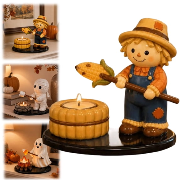 Halloween Campfire Tealight Holder, Cute Cartoon Scarecrow Tea Light Holder, Pumpkin Base Roasting Corn Design for Fall Tabletop Thanksgiving Decor Gift