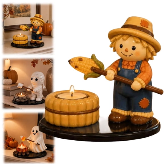 Halloween Campfire Tealight Holder, Cute Cartoon Scarecrow Tea Light Holder, Pumpkin Base Roasting Corn Design for Fall Tabletop Thanksgiving Decor Gift