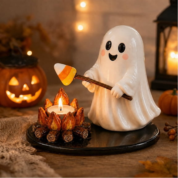 Halloween Campfire Tealight Holder, Cute Ghost Mummy Scarecrow Resin Statue Candle Holder, Vintage Halloween Decor Indoor for Mantel Shelf Table Centerpiece, Fall Thanksgiving Gift Ornament,Style A