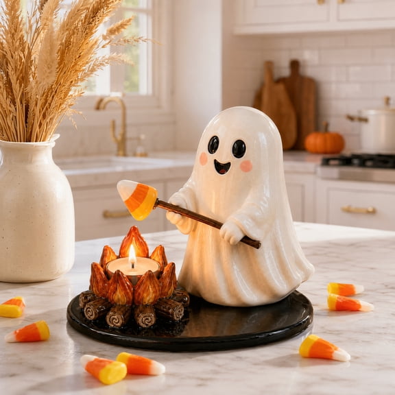 Halloween Campfire Tealight Holder Ghost Candy Corn Roast Resin Figurine, Glow Mini Campfire Candle Holder, Cottagecore Farmhouse Fall Indoor Table Decor