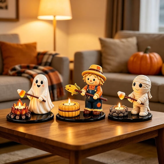 Halloween Campfire Tealight Holder Set of 3, Farmhouse Glow-in-the-Dark Campfire Resin Figurine, Whimsical Fall Halloween Decor for Mantel Shelf Tabletop