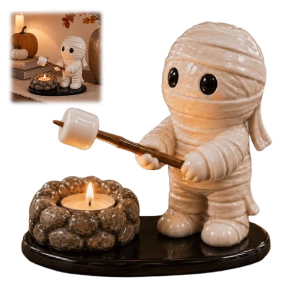 Halloween Campfire Tealight Holder, Spooky Cute Ghost Mummy Tealight Candle Holders, Campfire Roasting Design Ceramic Stand for Halloween Indoor Mantel Shelf Home Decor