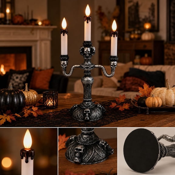 Halloween Candelabra Gothic Skeleton Lighting Candlestick,Battery Operated Candlesticks,Light Up Candelabra With Led Flames