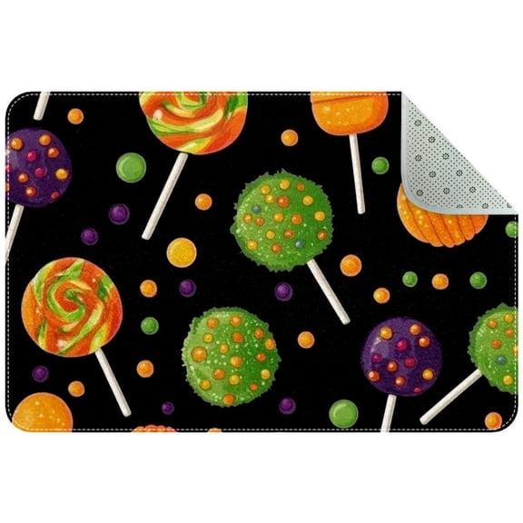 Halloween Candies and Sweets Dots on Black Background Small Area Rug, Non-Slip Door Mat Indoor Floor Mat, Washable Kitchen Rug Entrance DMat for Bedroom Living Room