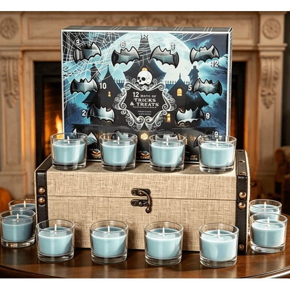 Halloween Candle Advent Calendar, 12 Days Tricks & Treats 12 Scented Mini Glass Candles, Spooky Haunted House Countdown Gift Box