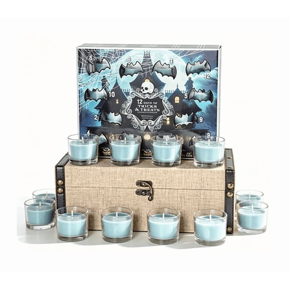 Halloween Candle Advent Calendar, Clear Glass Vessel Colored Wax Mini Candles, Gothic Haunted Mansion Holiday Gift Set