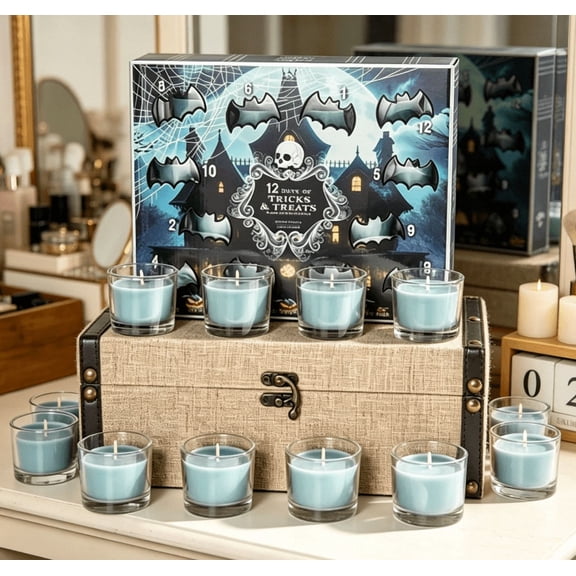 Halloween Candle Advent Calendar, Creepy Themed 12 Days Countdown Scented Candle Set for Home Halloween Party Decor