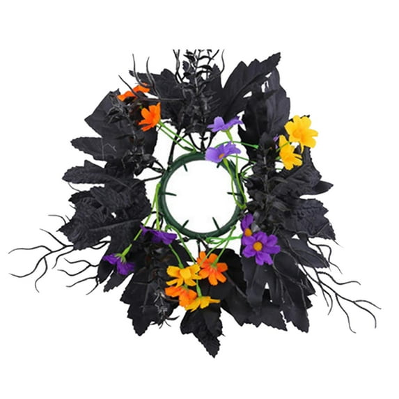Halloween Candle Garland, Artificial Wreath Black Purple Leaves with Colorful Flowers, 11.81 Inch Halloween Table Centerpiece Home Kitchen Farmhouse Decor.