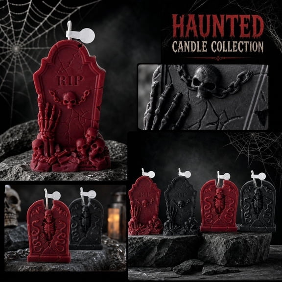 Halloween Candle, Halloween Graveyard Decorations, Skeleton Halloween Decor, Scented Candle, 3X2 Inch Detailed Embossed Skeleton Tombstone Scented Candle for Gothic Room Desktop