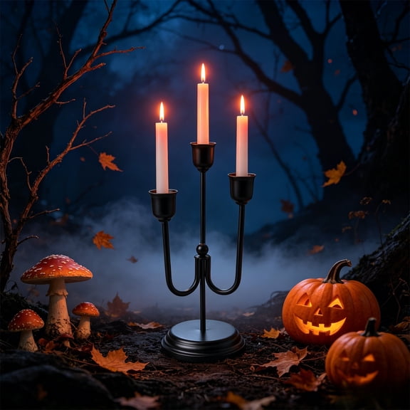 Halloween Candle Holder Black Metal Three-Arm Candelabra for Spooky Decor Indoor and Outdoor Use Haunted House Party Centerpiece Autumn Home Decorations