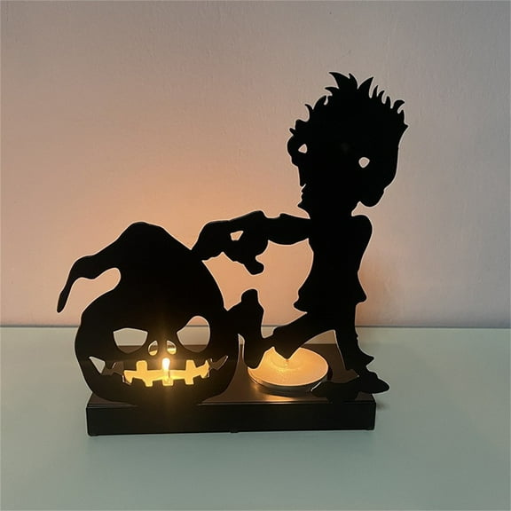 Halloween Candle Holder Spooky Pumpkin Skeleton Silhouette Metal Desk Candlestick Holder Ornament for Home Party,Scary Candle Stands Table Decor