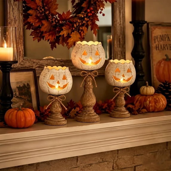 Halloween Candle Holder,Tealight Candle Holder,Rustic White Pumpkin Tealight Candle Holder Set of 3 Decor | Halloween Pumpkin Tea Light Candle Holders Decor, Fall Tables Centerpieces(White 3pcs/Set)