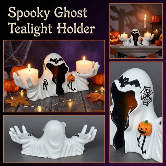 Halloween Candle Holder, White Ghost Shaped with Outstretched Palms and Hollow Top Design, Spooky Halloween Decorations for Entryway Table Display, Ideal for Halloween Party