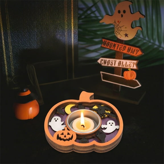 Halloween Candle Holder, Wooden Pumpkin Candle Stand, 4 Inch Handcrafted Spooky Ghost and Bat Candelabra, Gothic Tabletop Candle Base(A)