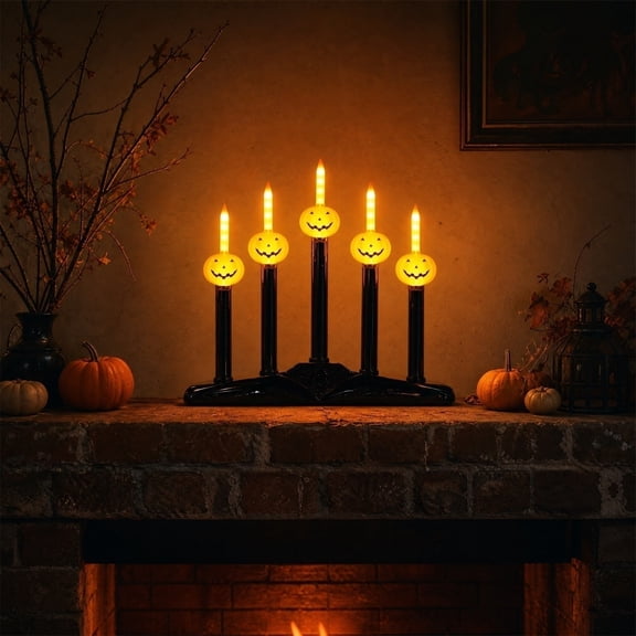 Halloween Candle Holders, Table Centerpiece Decor with 5 Flickering Pumpkin LED Lights, Light Up Candle Holder for Haunted Mansion Theme, Flameless Candles for Halloween Table Decor, Mantel & Party