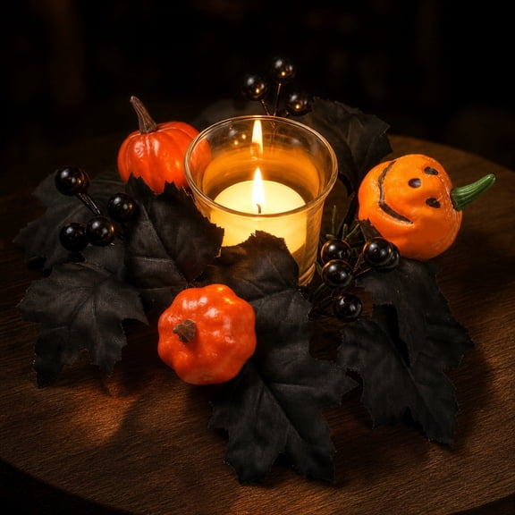 Halloween Candle Ring Wreath, Artificial Black Maple Leaves Pumpkins Berries, Spooky Durable Table Centerpiece, Versatile Mantel Fireplace Window Home Party Ornament Decor