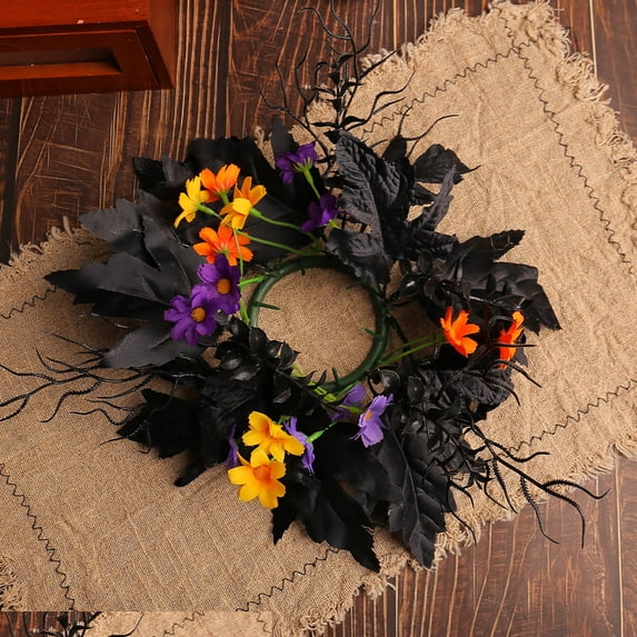 Halloween Candle Ring Wreath, Artificial Sunflower Counter Centerpiece Ornament with Fall Foliage for Candle Holders, Mantel, and Periodic Interior