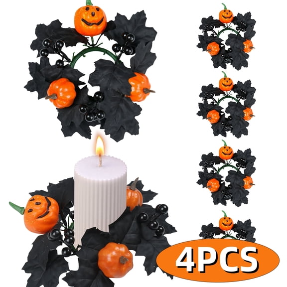 Halloween Candle Ring Wreath Halloween Table Centerpiece Black Orange Spooky Table Top Decoration Small Taper/Pillar Candle Rings Center for Party Favors 4 Pcs Design4