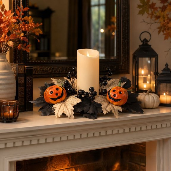 Halloween Candle Ring Wreath, Maple Leaf Ghost Face Pumpkin, Autumn Centerpiece for Mantel, Fall Harvest Garland for Dining Table, Thanksgiving Decor