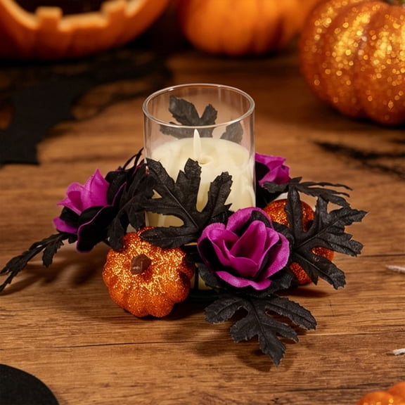 Halloween Candle Ring Wreath with Purple Roses and Black Leaves, Spooky Artificial Flower Collar, Festive Tabletop Centerpiece for Haunted Dinners, Mantel Display, Holiday Parties, Multicolor