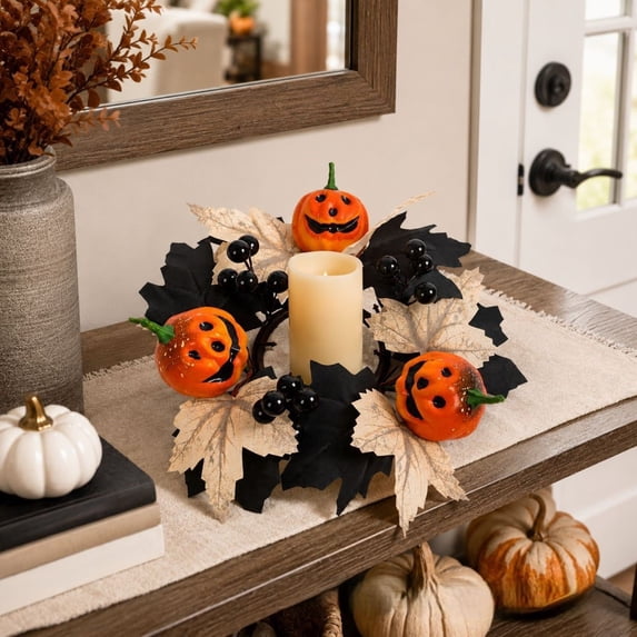 Halloween Candle Rings Fall Decorations for Home Halloween Decorations Artificial Ghost Pumpkin Maple Leaf Candle Wreath for Table Centerpiece by MPOISVA