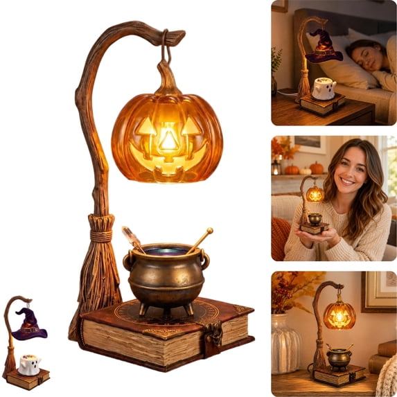 Halloween Candle Warmer Lamp Witch Broom Design Resin Tabletop Decor Interchangeable Lampshade For Halloween Party Mantel Desk Seasonal Holiday Decoration,A
