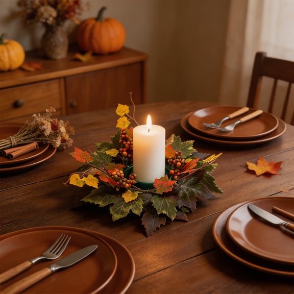 Halloween Candle Wreath with Decorative Maple Leaves and Roses - Perfect for Fall and Holiday Table Centerpieces, Adds Warm Ambience to Thanksgiving and Halloween Celebrations