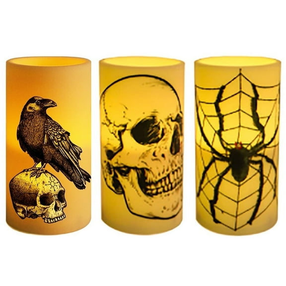 Halloween Flickering Candles with Skull, Spider Web, Crow, Set of 3 Flat Wick Battery Operated Halloween Themed LED Candles with Remote Timer Spooky Decor