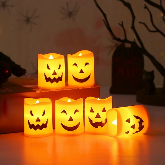 Halloween Candles, Jack-o'-Lantern Orange Flameless Candles, Battery Operated LED Candle Light for Halloween Decoration,1.77", Set of 6