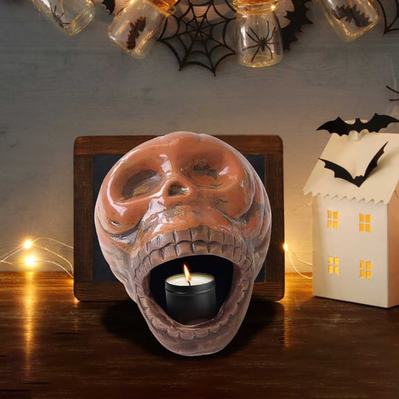 Halloween Candlestick with Pumpkin Lantern and House Stand, Ceramic Multi Season Holiday Decor for Easter, Festive Home Ornament, Reusable Tabletop Mantel Decoration
