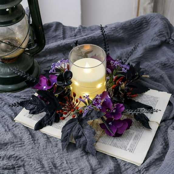 Halloween Candlestick Wreath Artificial Rose Flowers Red And Silk Fake Maple Leaves Candlestick Wreath For Home Party Dining Table Candle Holders 9.84in