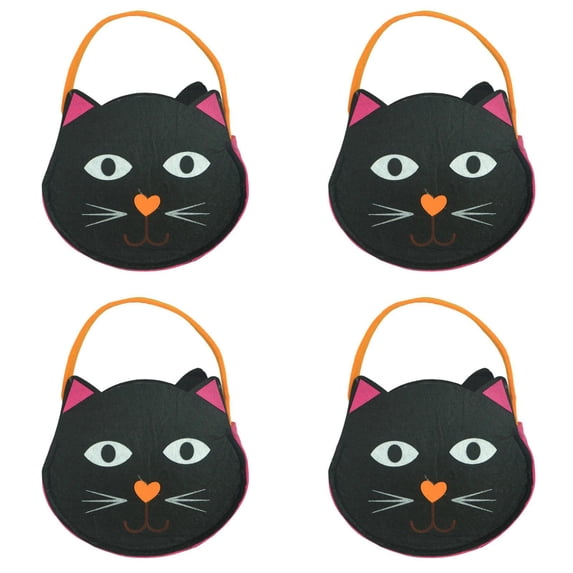 Halloween Candy Bag Handheld Felt Pumpkin Bag Trick or Treat Tote with Handle Black Cat Shaped Gift Bag Glow in The Dark Party Favor Non Woven Goodie Tote for Snacks Toys 4PC