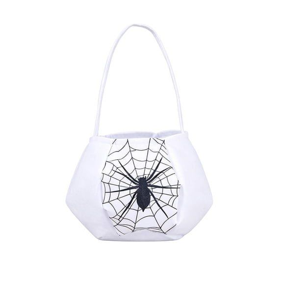 Halloween Candy Bag, Spider Web Print White Fabric Handheld Tote, 1 Pack Portable Treat Bag for Kids Halloween Party Favors Trick or Treat Goodies Storage Holiday Gift Giving