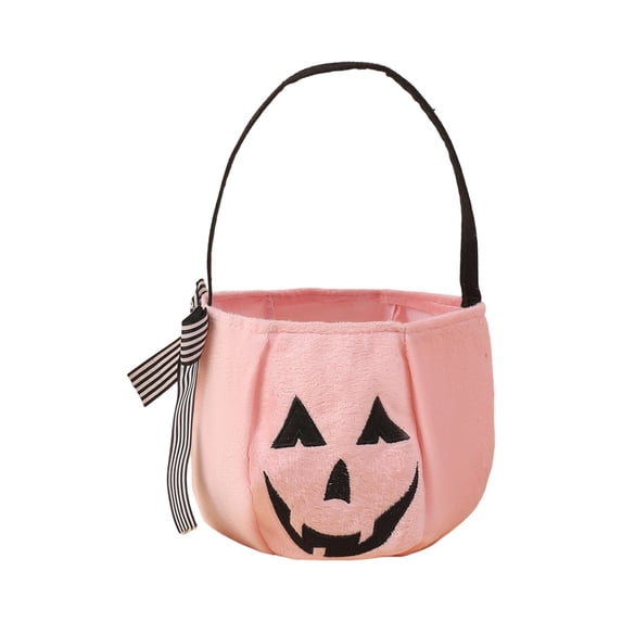 Halloween Candy Bag with Stripe Bow, Festive Pumpkin Embroidery Bucket, Portable Trick or Treat Candy Holder with Handle, Reusable Candy Pail for Halloween Parties & Holiday Festivities