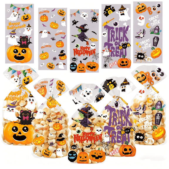 Halloween Candy Bags - 100 pcs Clear Halloween Cellophane Treat Bags with Twist Ties for Snacks Cookies Party Favors