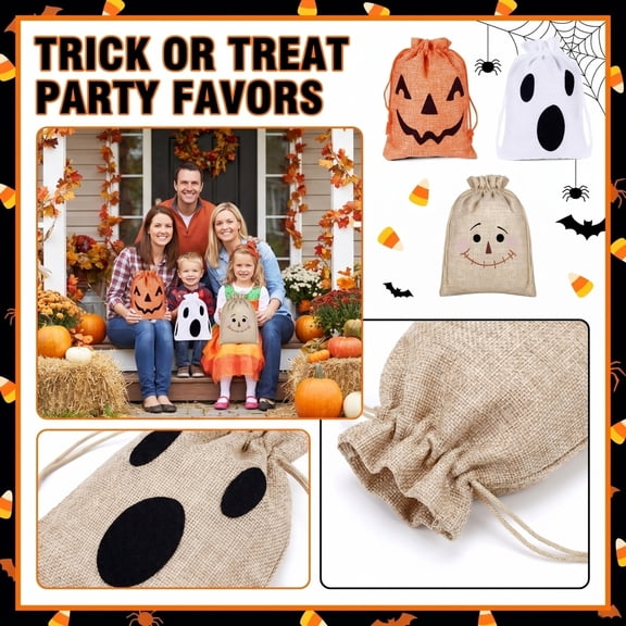 Halloween Candy Bags, Halloween Bags for Student, Halloween Party Favor Bags, Halloween Goodie Bags, 6-Pack Reusable Burlap Drawstring Sacks Designed with Classic Halloween