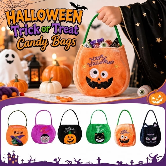 Halloween Candy Bags, Halloween Bags for Student, Pumpkin Trick Or Treat Bucket, Halloween Fabric Plush Tote, 10X6 in Embroidered Jack-O-Lantern Carry Bag with Green Handle for