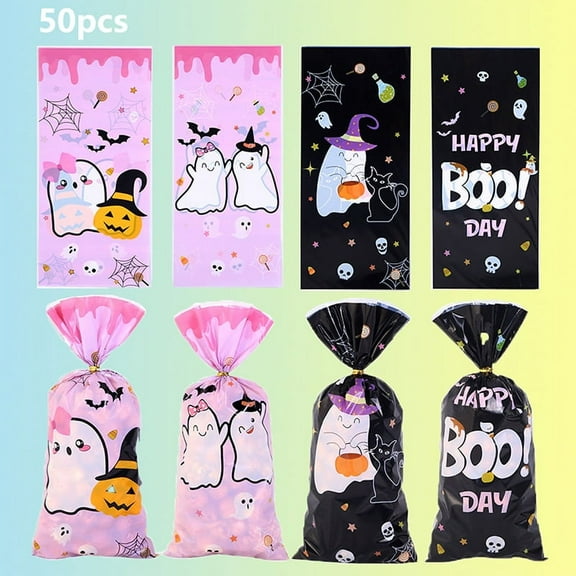 Halloween Candy Bags, Resealable Cellophane Treat Bags, Premium Treat Bags Party Favor Bags, Plastic Goodie Storage Bags with Twist Ties for Halloween Party, 50 Pcs, 4.92x10.8"