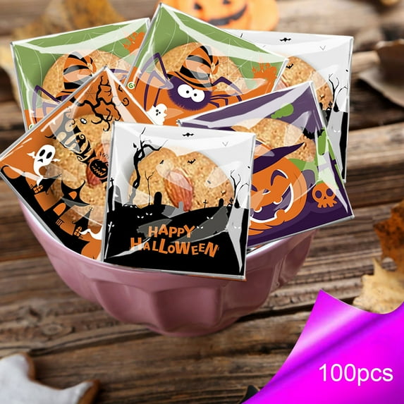 Halloween Candy Bags, Snack Bags, 100 Pack Halloween Party Treat Bags for Small Gifts and Cookies, Multicolor Plastic Material, 10x13cm Portable Size for Halloween Party Favor Packaging