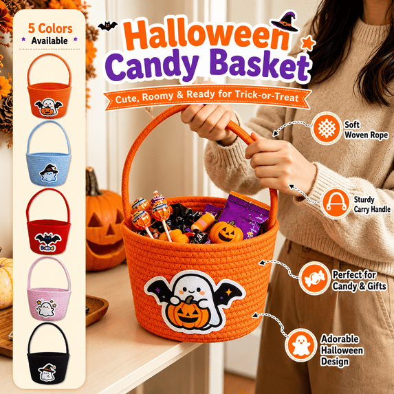 Halloween Candy Basket with Handle, Cute Printed Fabric Treat Bucket, Reusable Trick or Treat Bag and Cotton Rope Storage Bin for Snacks, Gifts and Party Decor Display, Blue