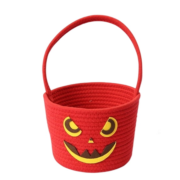 Halloween Candy Basket, Red Cotton Rope Evil Pumpkin Face, 1 Piece Portable Bucket, Trick or Treat Candy Collecting Storage Basket for Halloween Party Decoration Kids Event